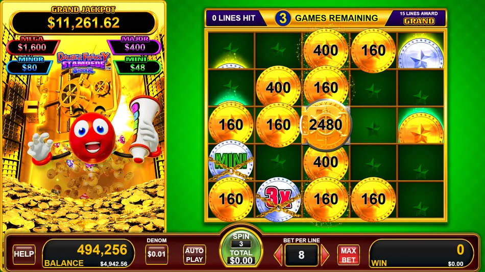 Cash Stamp bonus board with the Line Hit Meter at 15 and the GRAND JACKPOT highlighted on the panel