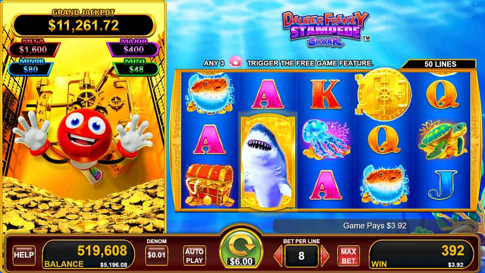 Cash Stamp base game with the shark Wild on the 5x3 reels and the jackpot panel showing Grand, Mega, Major, Minor and Mini
