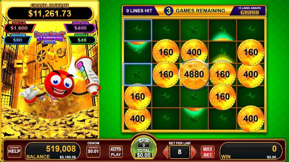 Cash Stamp Bonus Game board with held Gold Coins, the Vault in the centre and the Line Hit Meter in the top left