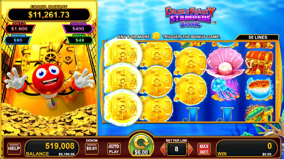 Cash Stamp base game reel nudging with five gold vaults on screen and a sixth entering the frame
